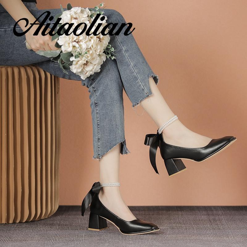 Giày Cao Gót 5cm Da Mềm Mũi Vuông Đính Ngọc Trai Kiểu retro Anh Dễ Thương Cho Nữ