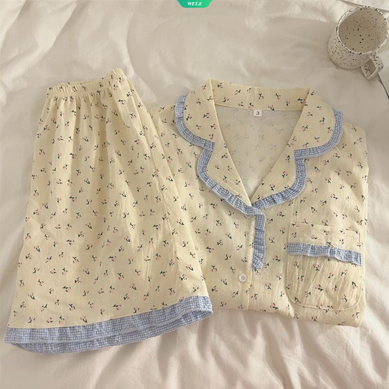 Bộ Đồ Ngủ Ngắn Tay Dáng Rộng In Hoa Dễ Thương Phong Cách Hàn Quốc Cho Nữ
