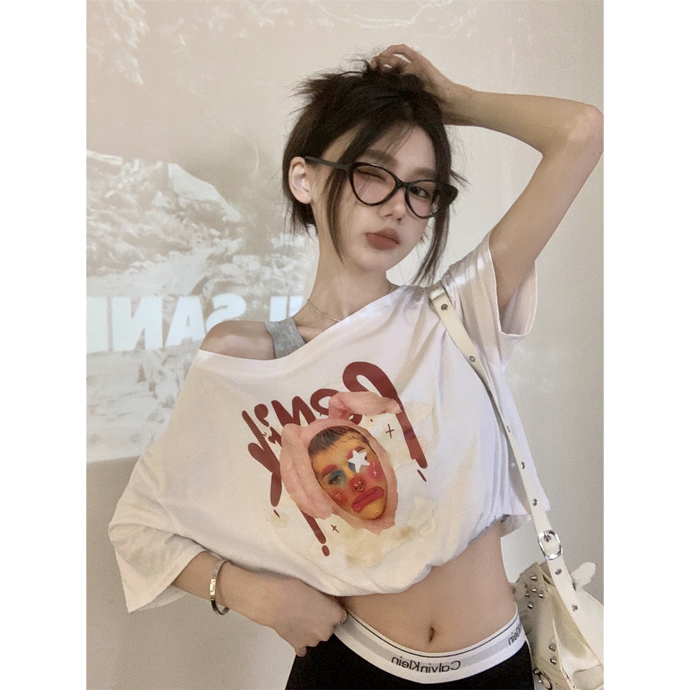 Áo Thun Tay Ngắn Dáng Rộng Giả Hai Lớp In Hình Chú Hề Kiểu Hàn Quốc Dễ Thương