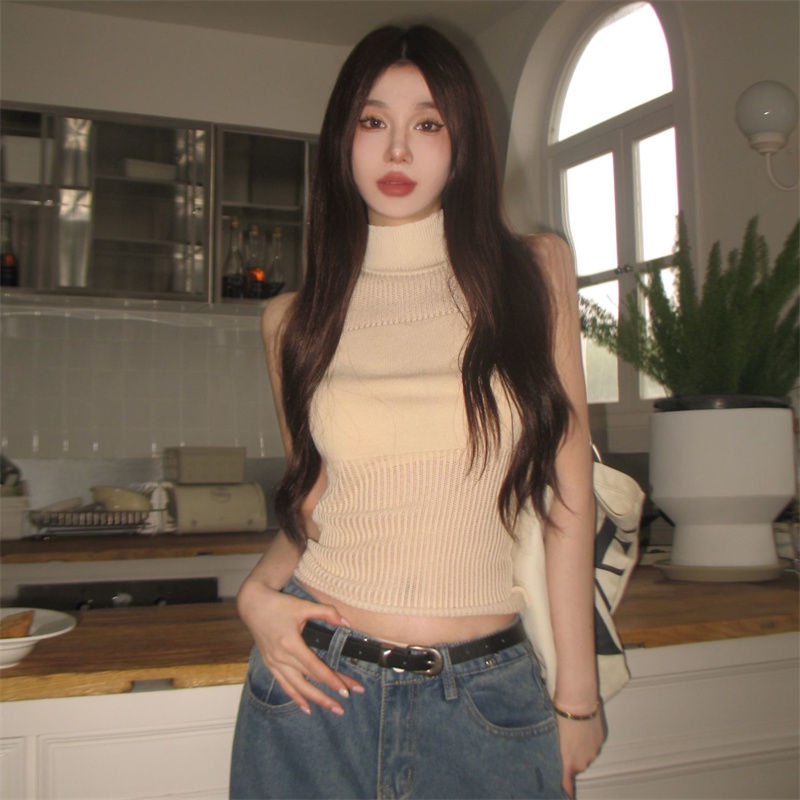 COZOK Áo Dệt Kim Sát Nách Cổ Cao Phong Cách vintage