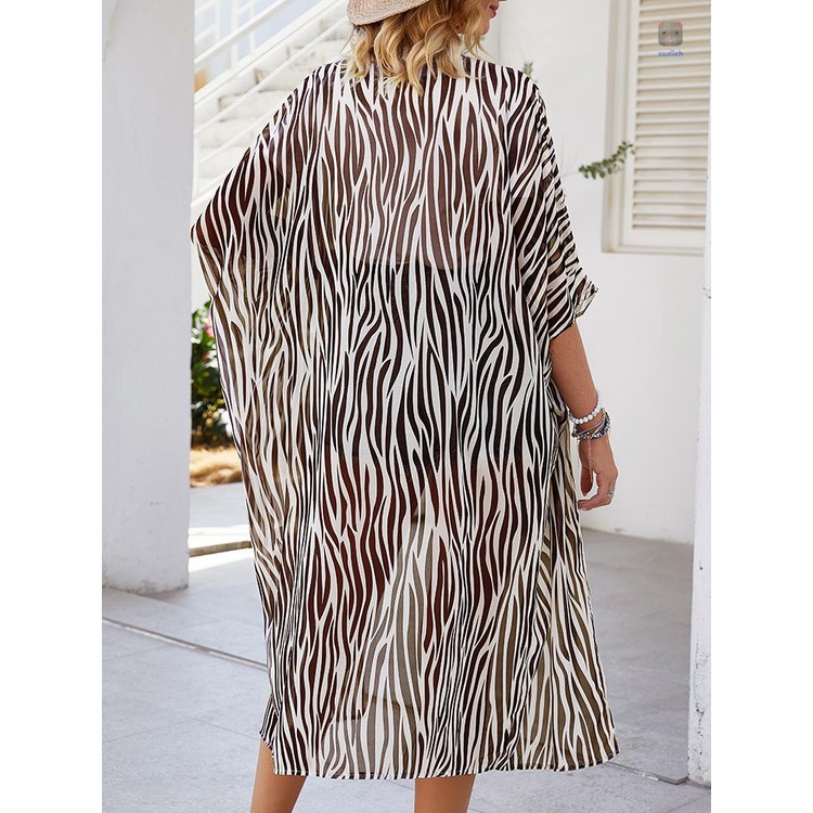 Áo Khoác Kimono Chiffon Tay Lửng Dáng Rộng In Họa Tiết Hình Học Màu Nâu Mới Cho Nữ