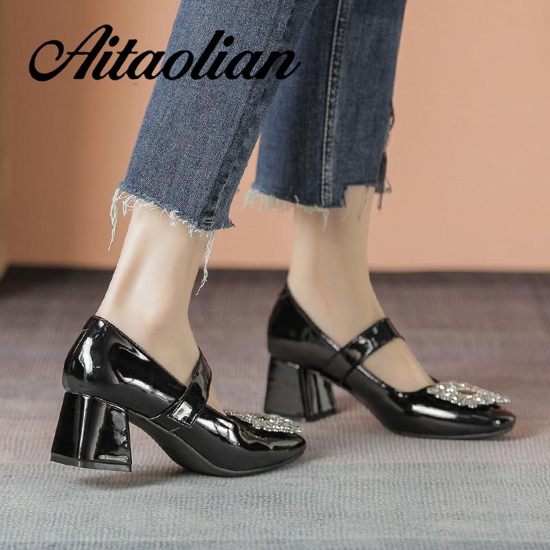 Giày Cao Gót 5cm / 2.5cm Da Bóng Mũi Vuông Thời Trang Cho Nữ