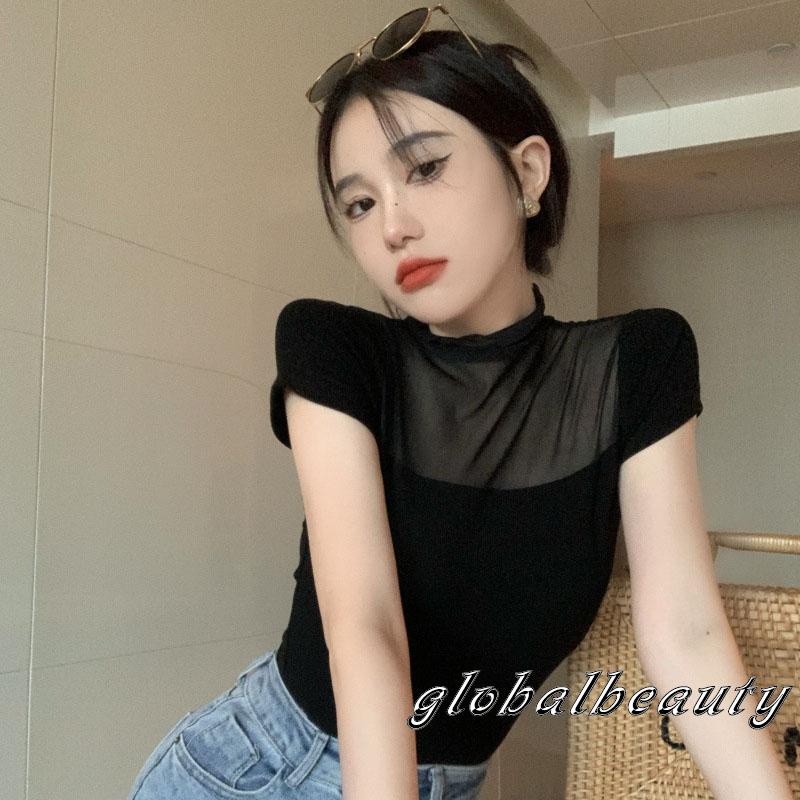 Áo Thun Crop Top Tay Ngắn Phối Lưới Mỏng Thời Trang Mùa Hè Cho Nữ