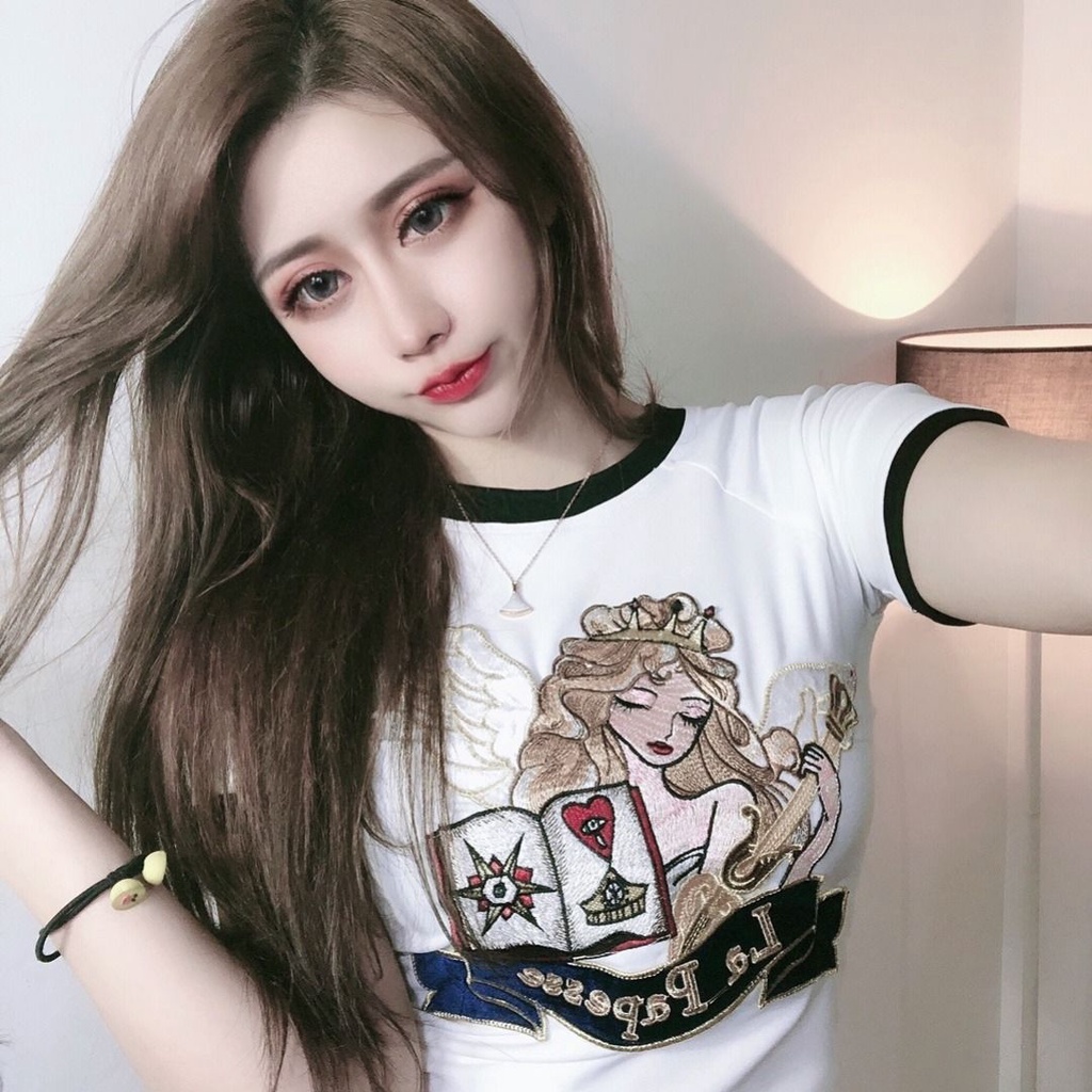 Áo Thun Tay Ngắn Dáng Ôm Thêu Họa Tiết Thời Trang Mùa Hè Xinh Xắn Cho Nữ