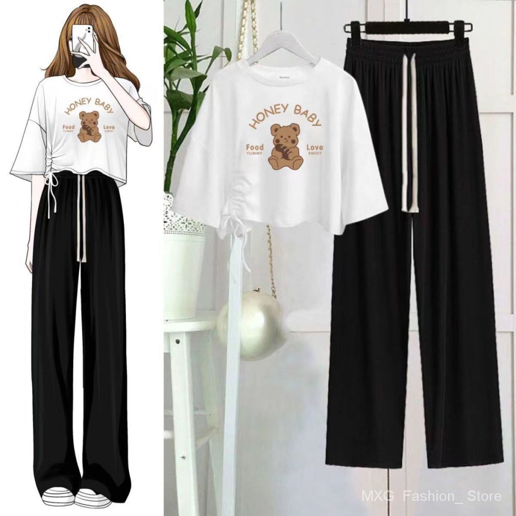 Set Áo Thun Ngắn Tay In Hình Hoạt Hình Và Quần Ống Rộng Thời Trang Dành Cho Nữ