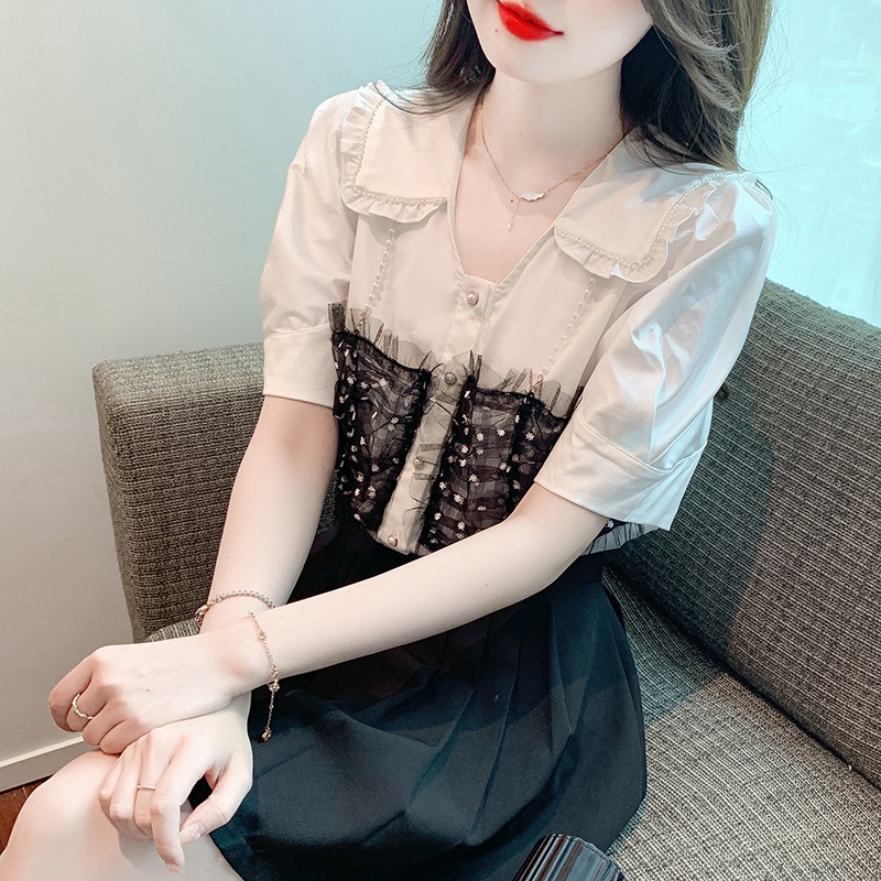Áo Sơ Mi Chiffon Tay Ngắn Giả Hai Lớp Phối Ren Thời Trang Mùa Hè Hàng Mới