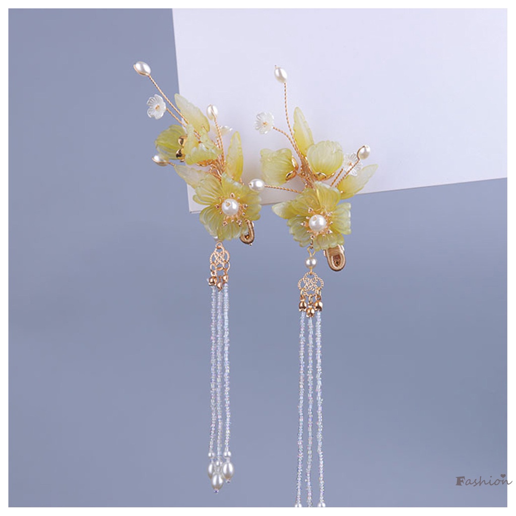 Kẹp Tóc Hình Hoa Vàng Đính Ngọc Trai Phối Tua Rua Phong Cách Dân Tộc