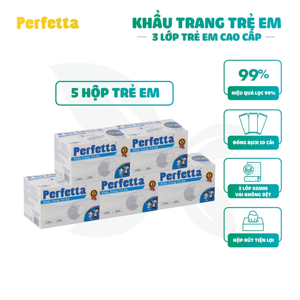 Combo 5 hộp khẩu trang 3 lớp Perfetta Trẻ Em Trắng/Xanh (35 Cái/Hộp)
