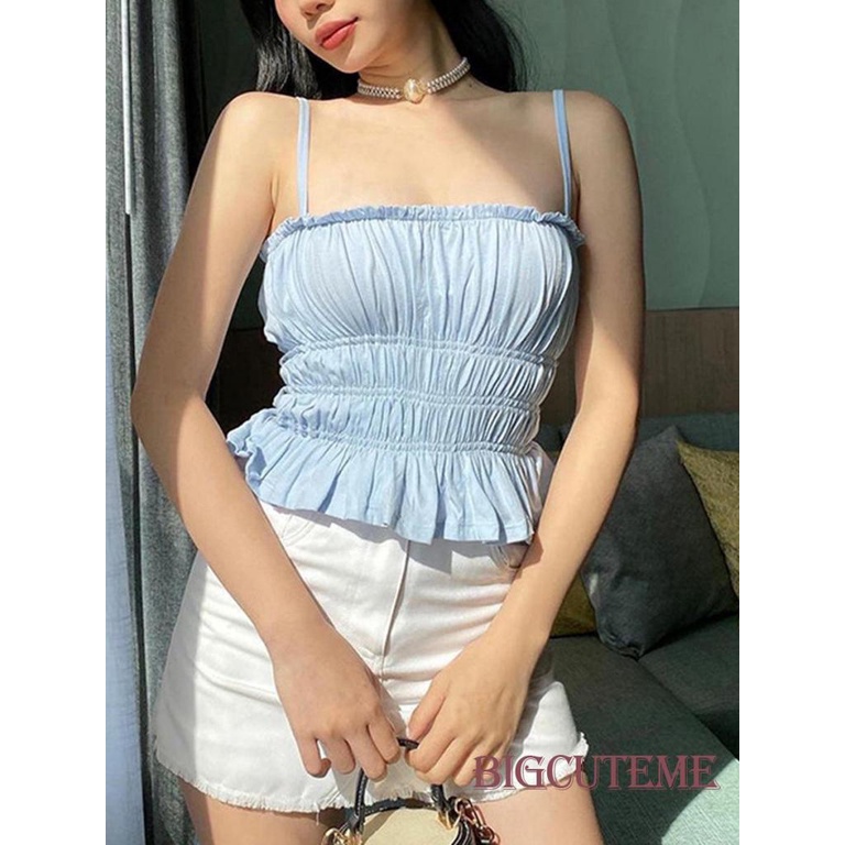 [] Áo Babydoll Hai Dây Viền Bèo Nhún Thời Trang Mùa Hè Cho Nữ