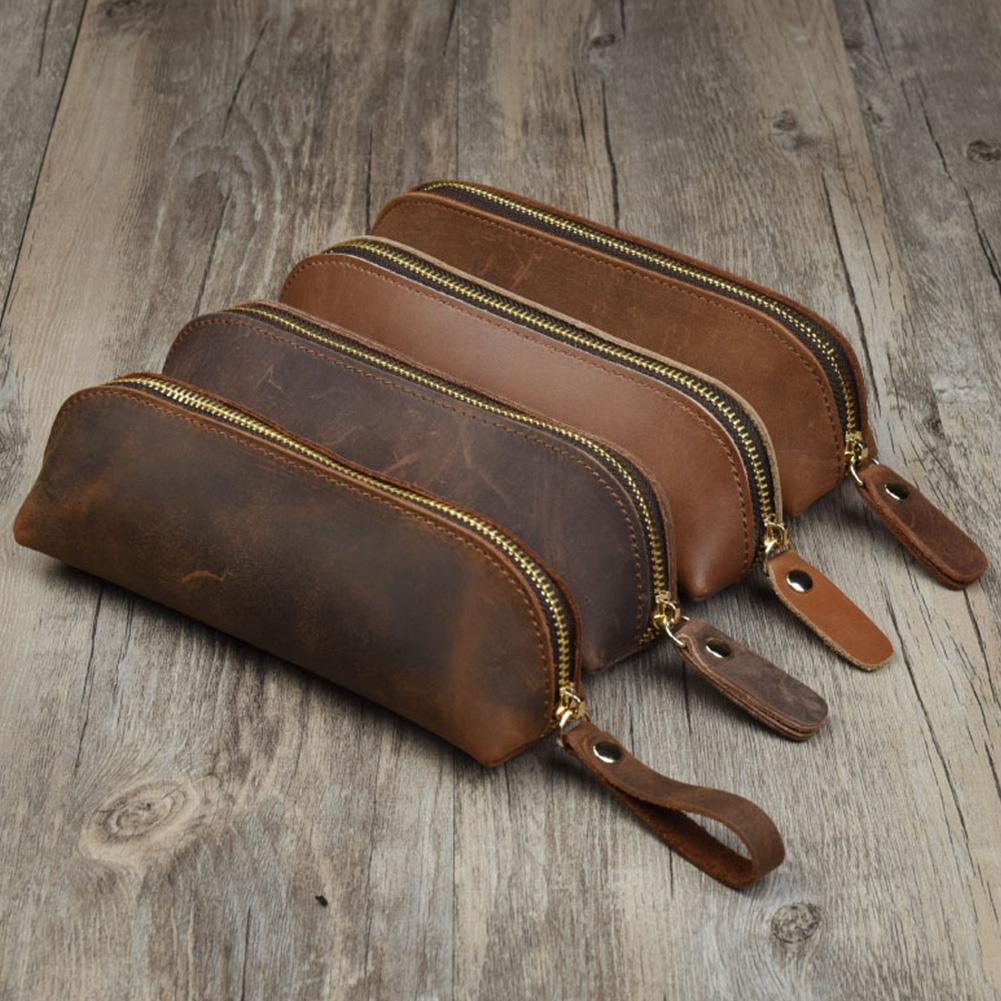 Túi Đựng Bút Bằng Da Thật Có Khóa Kéo Phong Cách Retro Đơn Giản M6K0