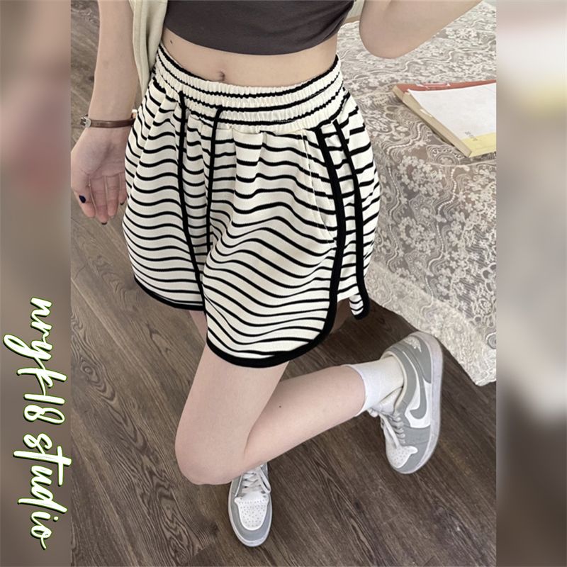 Quần Short Thể Thao Lưng Thun Ống Rộng Họa Tiết Kẻ Sọc Phong Cách Hàn Quốc Thời Trang Mùa Hè Cho Nữ