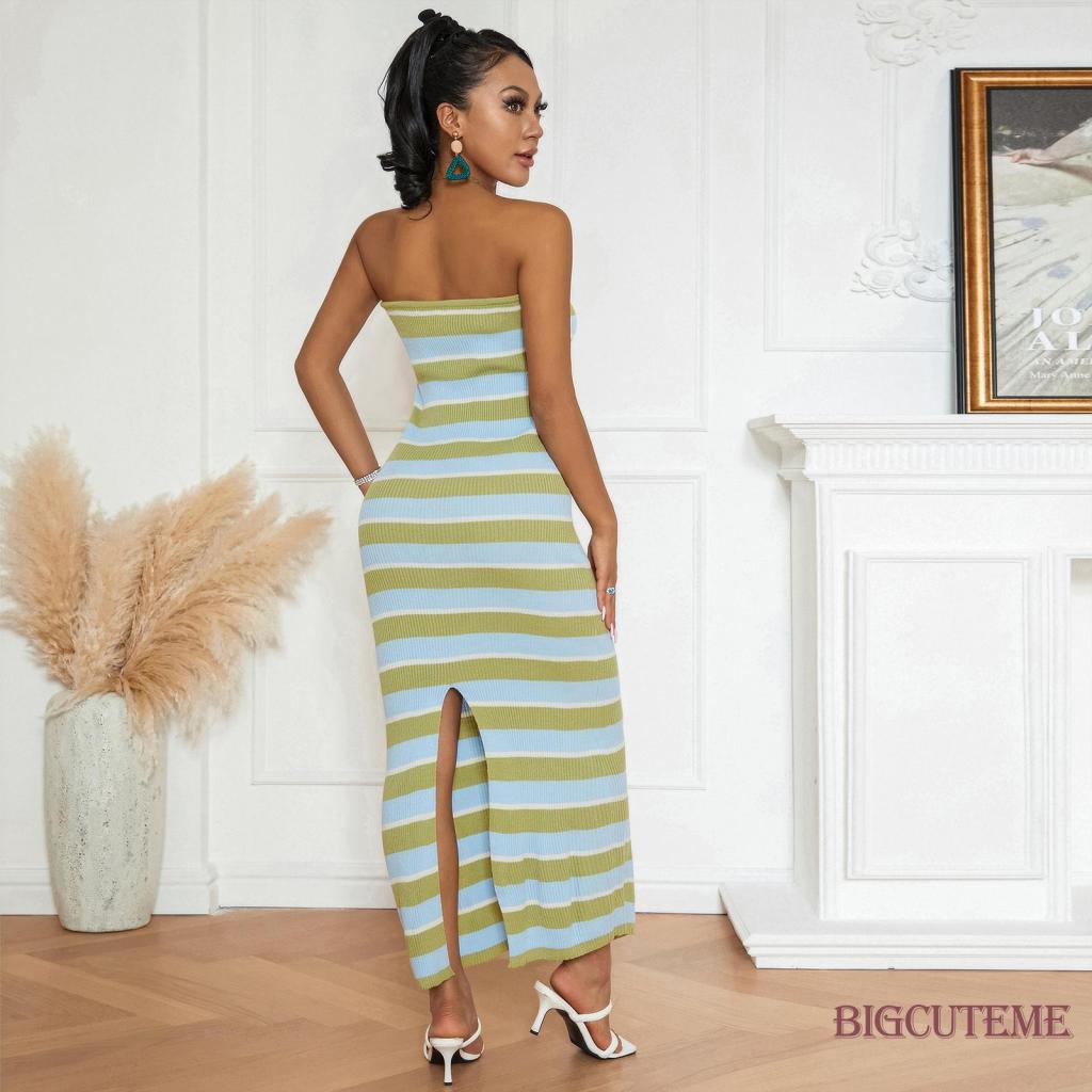 [] Đầm Midi Dệt Kim Không Tay Kẻ Sọc Màu Sắc Tương Phản Thời Trang Mùa Hè Dành Cho Nữ