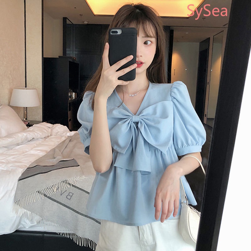 Plus Áo Sơ Mi Voan Dáng Rộng Cổ Chữ V Thắt Nơ Xinh Xắn Thời Trang Hè Cho Nữ