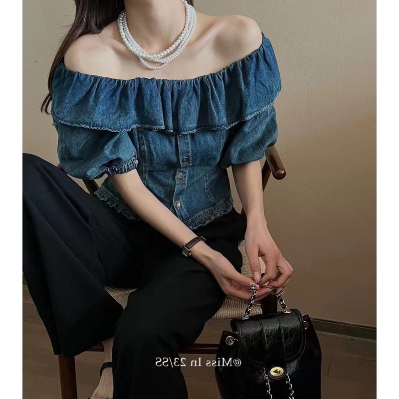Áo Denim Trễ Vai Cổ Phẳng Thời Trang Mùa Hè Dành Cho Nữ