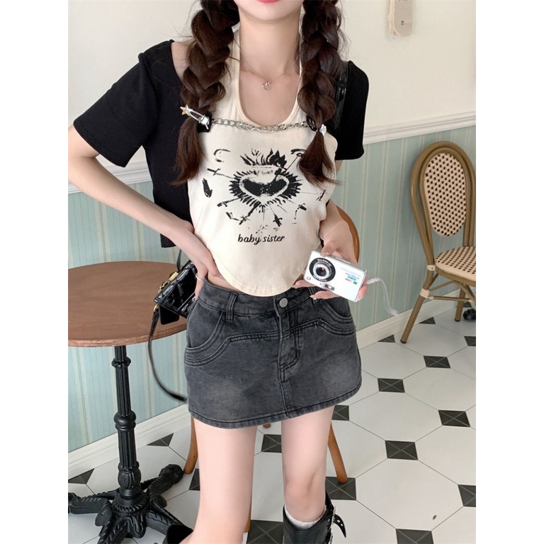Áo baby tee Thun croptop Đồ Mùa Hè 2 Món Gồm Áo Cardigan Tay Cộc Cổ Yếm In Họa Tiết Màu Sắc Tương Phản Kèm Áo Khoác Dạng Dây Xích Cho Nữ