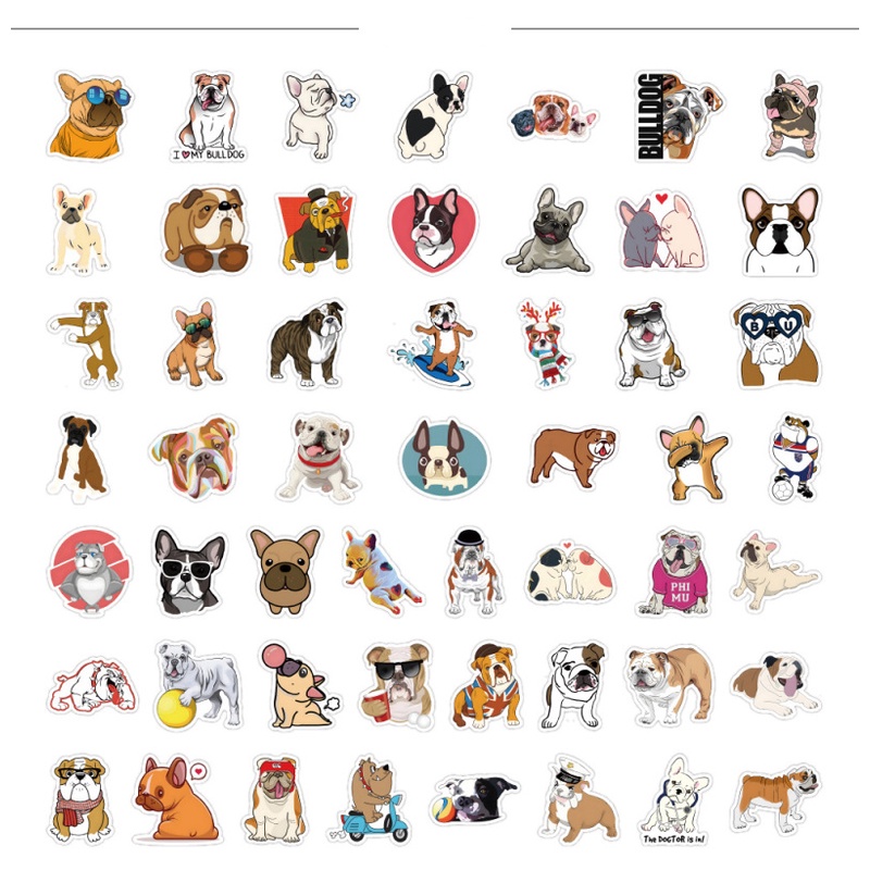 Set 100 Sticker Chống Thấm Nước Hình Chó Bull Dễ Thương Trang Trí Bình Nước Laptop Ván Trượt