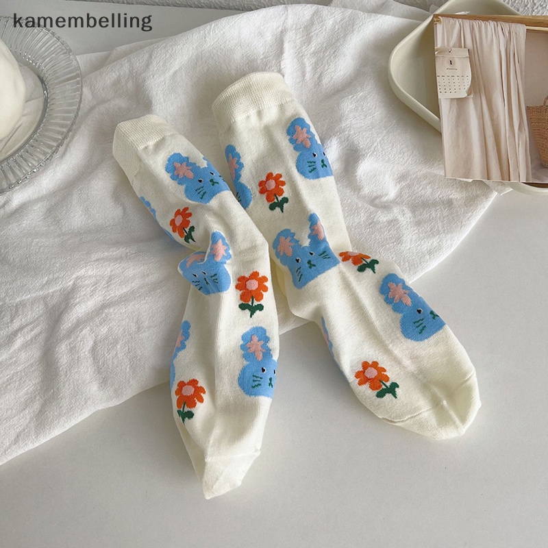 1 Đôi Tất Cotton Thoáng Khí In Hình Hoa Và Mèo Graffiti Dễ Thương Cho Nữ