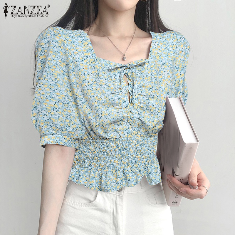 Áo kiểu ZANZEA cổ vuông tay phồng in họa tiết hoa phong cách Hàn Quốc thời trang cho nữ