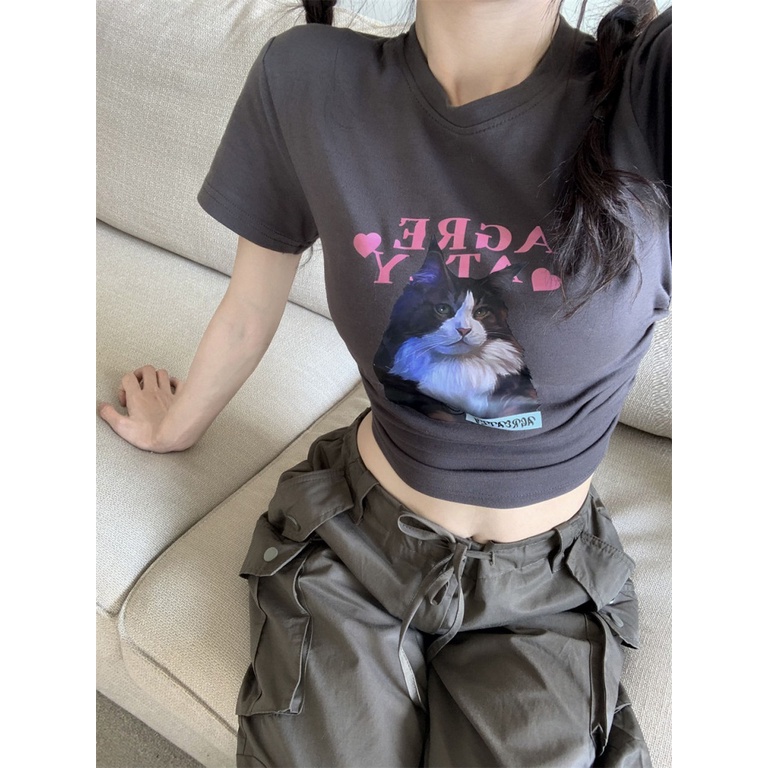 Áo baby tee Thun croptop Tay Ngắn Hở Vai Dáng Ôm Màu Xám Phong Cách Retro Mỹ Thời Trang Mùa Hè Hàng Mới Dành Cho Bạn Nữ