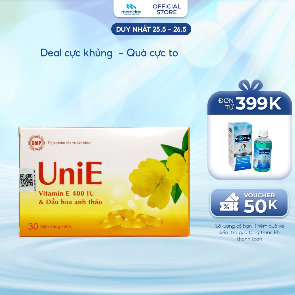Thực phẩm bảo vệ sức khoẻ UniE bổ sung vitamin E, giúp da sáng mịn, ngăn ngừa lão hóa hộp 30 viên