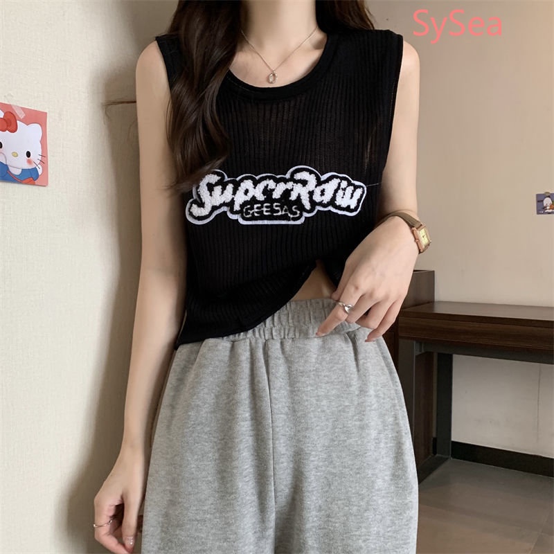 Áo Dệt Kim Sát Nách Dáng Rộng In Chữ Kiểu Retro Mỹ Xinh Xắn Cho Nữ