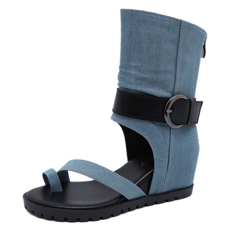 Giày Sandal Denim Đế Bằng Cao Gót Thoải Mái Phong Cách Roman