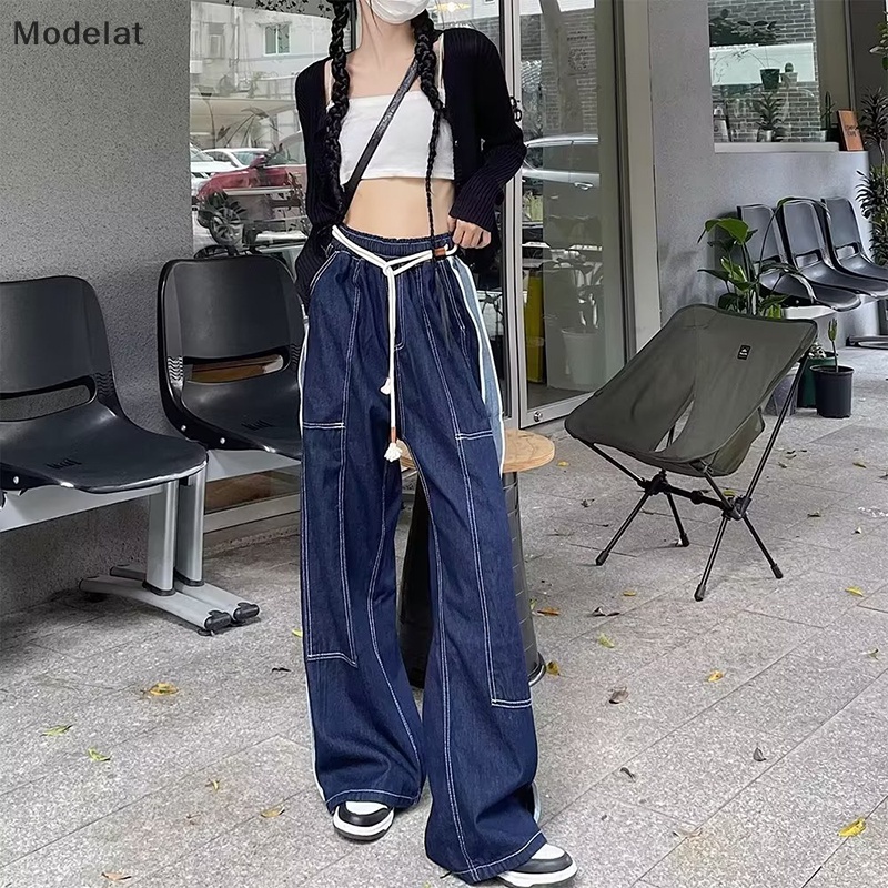 Quần Jean Ống Rộng Phối Dây Rút Màu Sắc Tương Phản Phong Cách Hip Hop MFC Thời Trang Cho Nữ