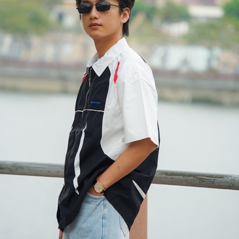 Áo Sơ Mi Tay Ngắn Dáng Rộng Có Khóa Kéo Đôi Màu Sắc Tương Phản Phong Cách Đường Phố Mỹ Cá Tính Cho