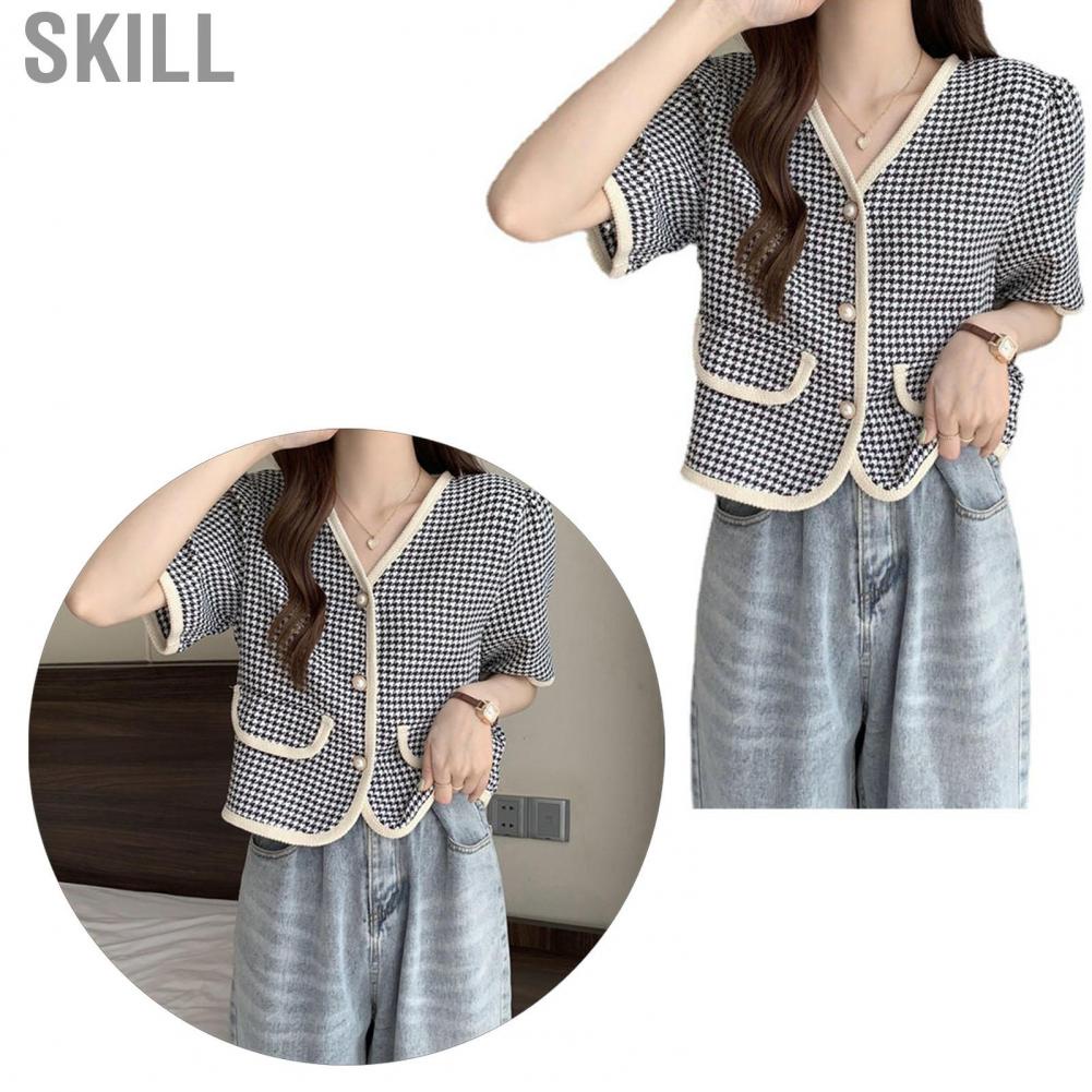 Skill Houndstooth Blouse Shirt  Short Sleeve Stylish V Neck for Girl Home
