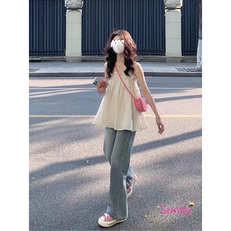 Áo Hai Dây Dáng Suông Màu Trắng Phong Cách Pháp Cổ Điển Thời Trang Mùa Hè Mới Cho Nữ