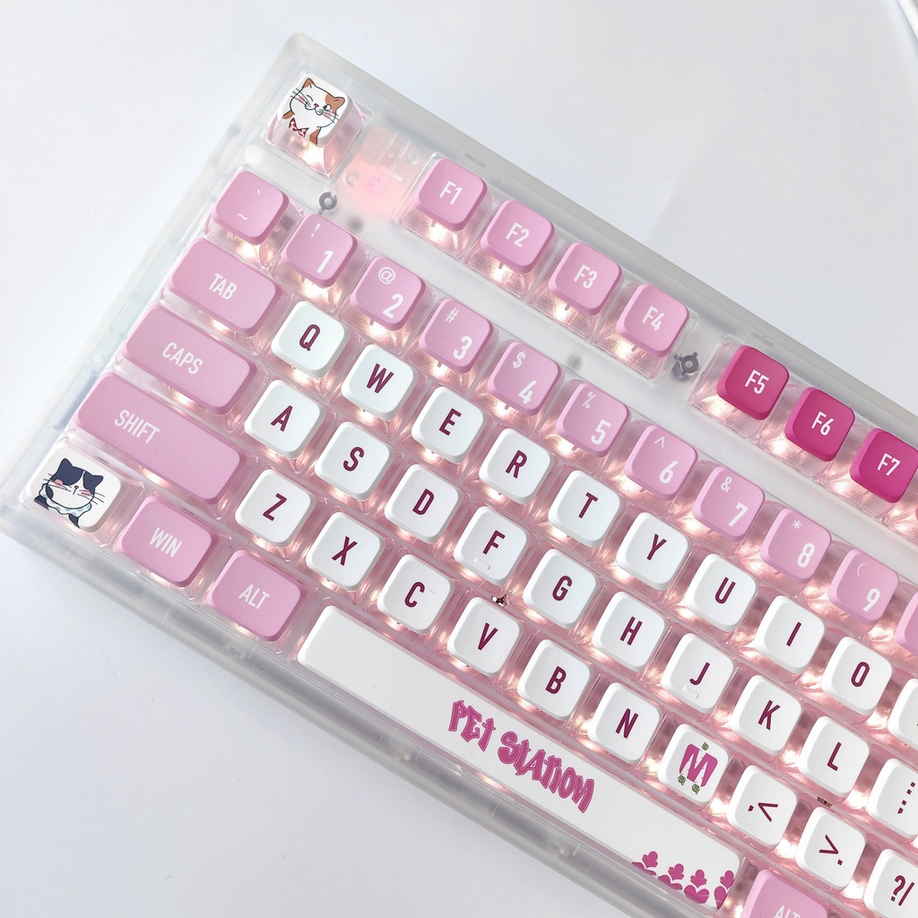 Set 118 Nút Bàn Phím Cơ Bằng Da PBT Trong Suốt In Hình Mèo Hồng Dễ Thương