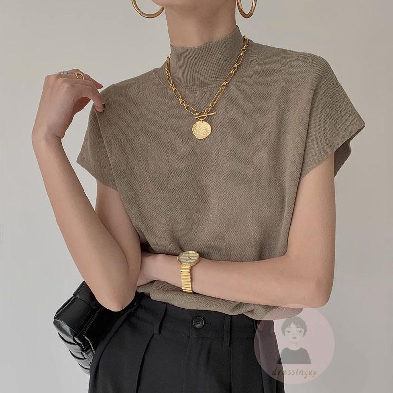 Áo Thun Dệt Kim Sát Nách Cổ Cao Màu Sắc Đơn Giản Thời Trang Mùa Hè Cho Nữ