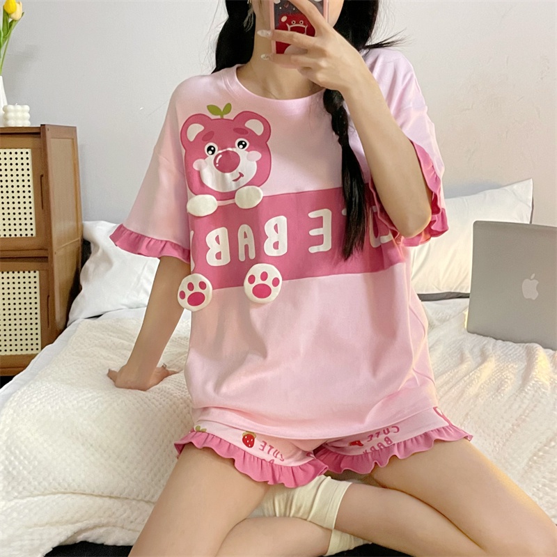 Bộ Đồ Ngủ In Họa Tiết Hoạt Hình Dễ Thương Phong Cách Hàn Quốc Thời Trang Mùa Hè Thu Cho Bạn Gái