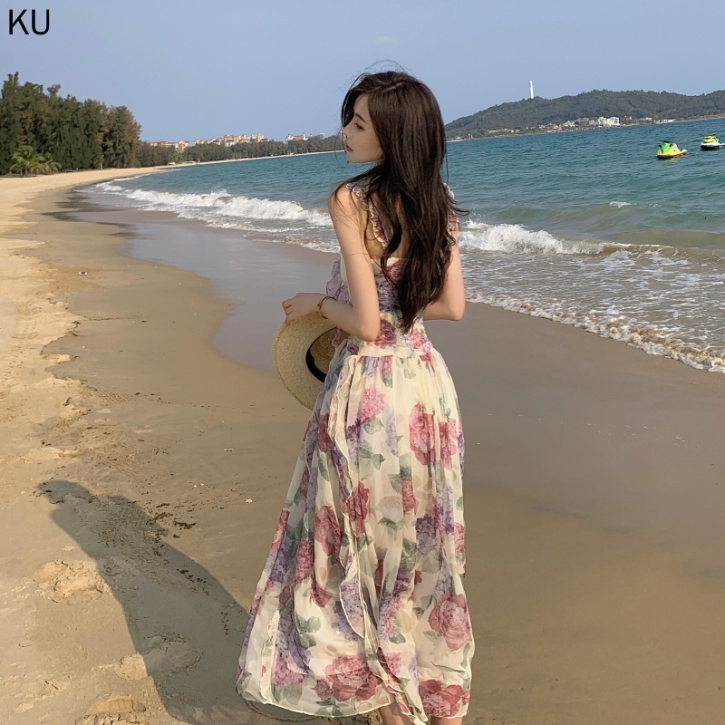 Hàng Mới Về Đầm Hai Dây Dáng Xòe Dài Ôm Eo In Họa Tiết Hoa Màu Tím Thời Trang Mùa Hè Kiểu Pháp Cho Nữ 2023 Hàng Mới Về