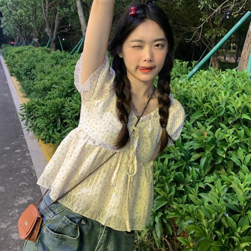 Áo Chiffon Cổ Vuông Tay Phồng In Họa Tiết Hoa Phong Cách Pháp Thời Trang Mới Cho Nữ