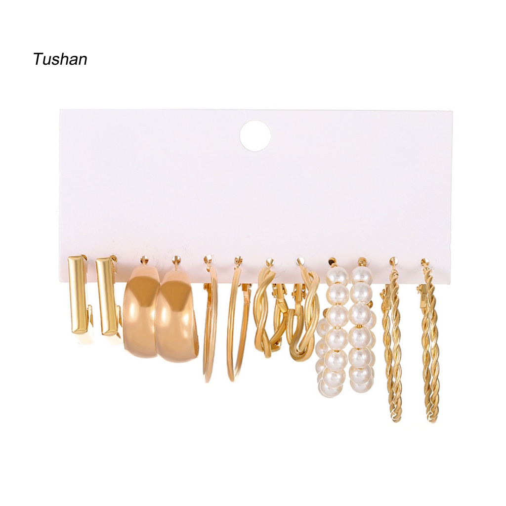 Set 6 Đôi Khuyên Tai Dạng Vòng Xoắn Đính Ngọc Trai Nhân Tạo Thời Trang