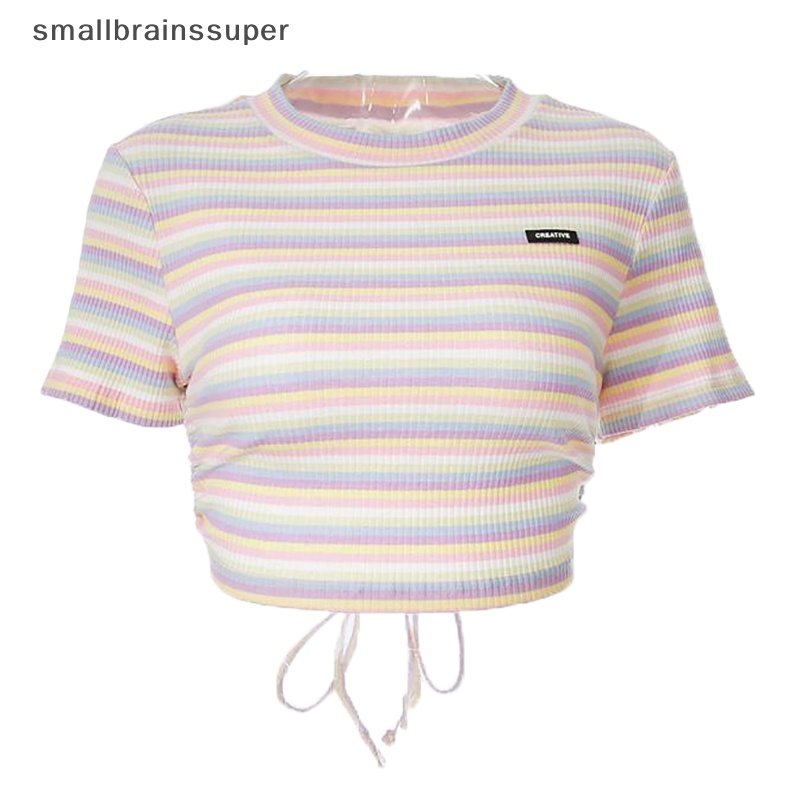 Áo Thun Lửng Tay Ngắn Cổ Tròn Họa Tiết Kẻ Sọc Hở Lưng Thời Trang Mùa Hè Quyến Rũ Cho Nữ SBS