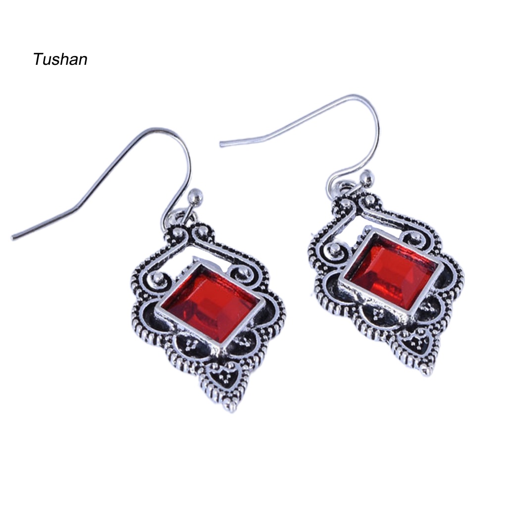 1 Đôi Bông Tai Móc Đính Đá Zircon Đỏ Phong Cách Vintage Dễ Phối Đồ Thời Trang