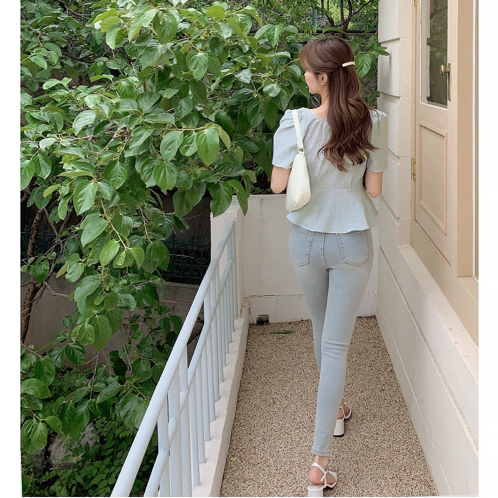 SUXI Áo Croptop Tay Ngắn Cổ Vuông Rút Dây Họa Tiết Sọc Caro Phong Cách Hàn Quốc