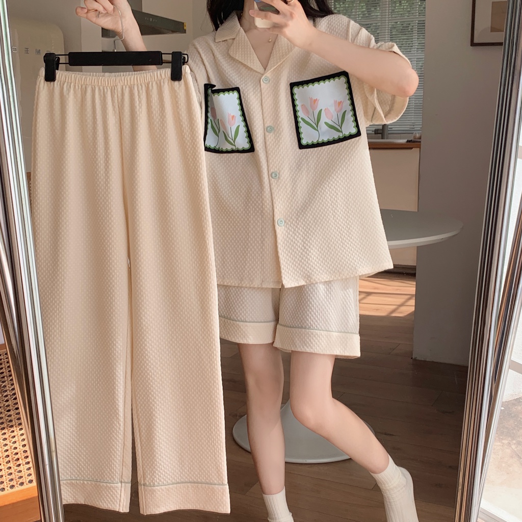 Bộ Đồ Ngủ Ba Món Bằng Cotton Tay Ngắn In Họa Tiết Hoa Tulip Thời Trang Mùa Hè Phong Cách Hàn Quốc Cho Nữ