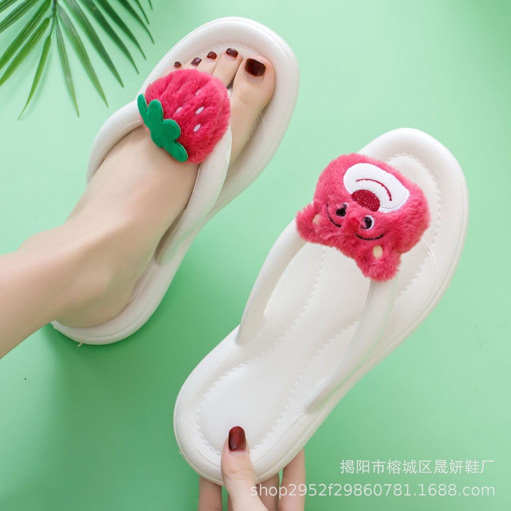 🔥Mẫu Mới🔥 Eva Dép Xỏ Ngón Đi Trong Nhà Đế Dày Họa Tiết Gấu Dâu Tây Hoạt Hình Thời Trang Mùa HèSize 36-41