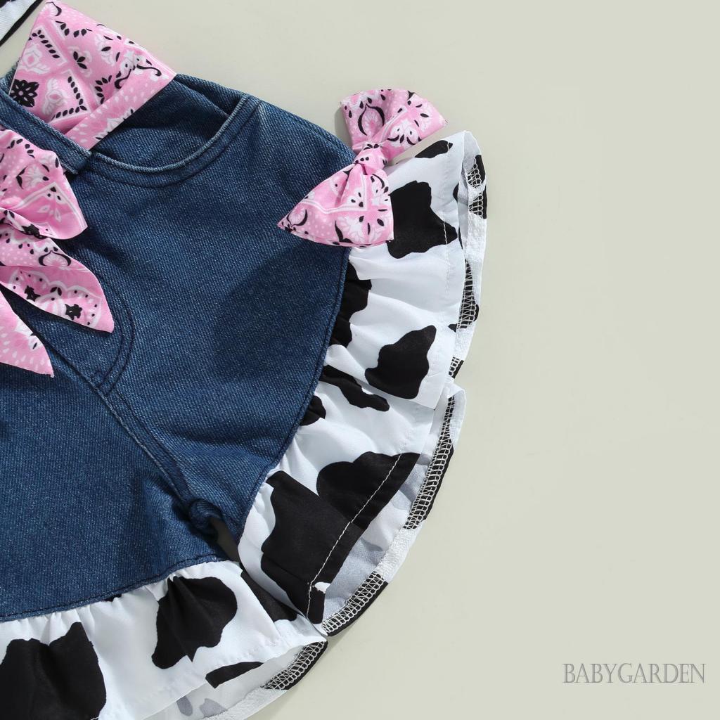 Set Áo Sơ Mi Tay Bèo Cổ Bẻ In Hình Bò Sữa + Quần Short Denim + Thắt Lưng Thời Trang Mùa Hè Cho Bé Gái 1-6 Tuổi