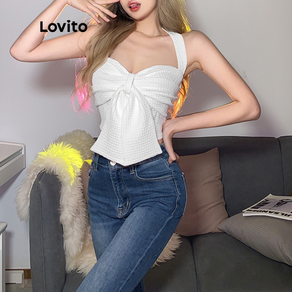 Lovito Áo ba lỗ trơn đơn giản chất liệu xếp nếp có nơ cho nữ LNA12065 (Trắng)