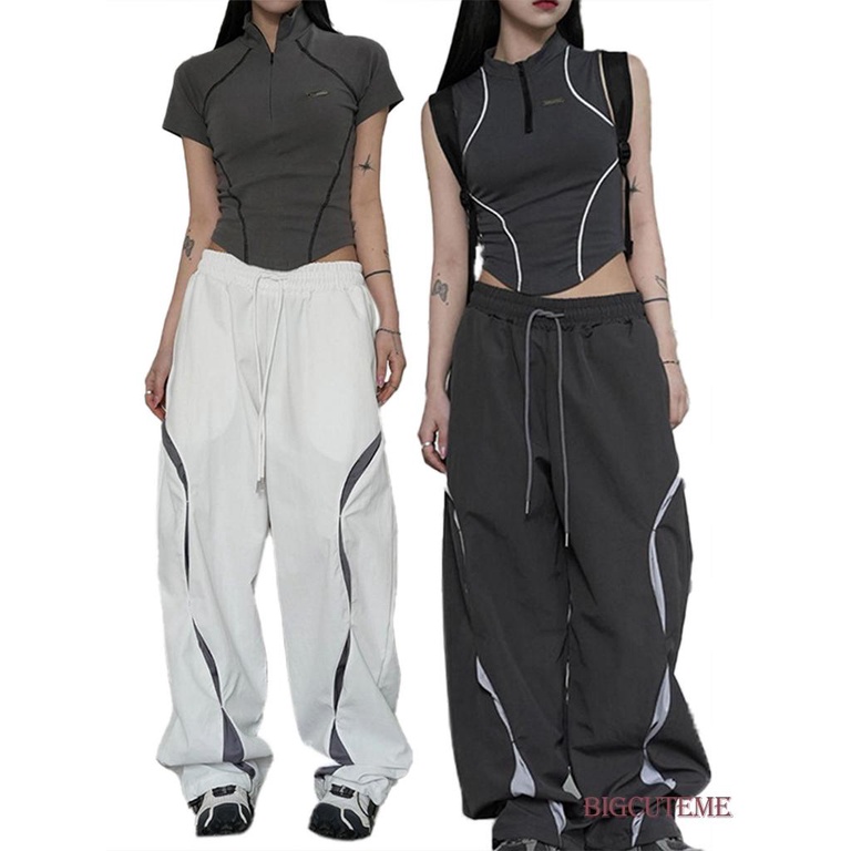 Quần Dài Dáng Suông Lưng Thun Rút Dây Màu Sắc Tương Phản Thời Trang Đường Phố Cho Nữ