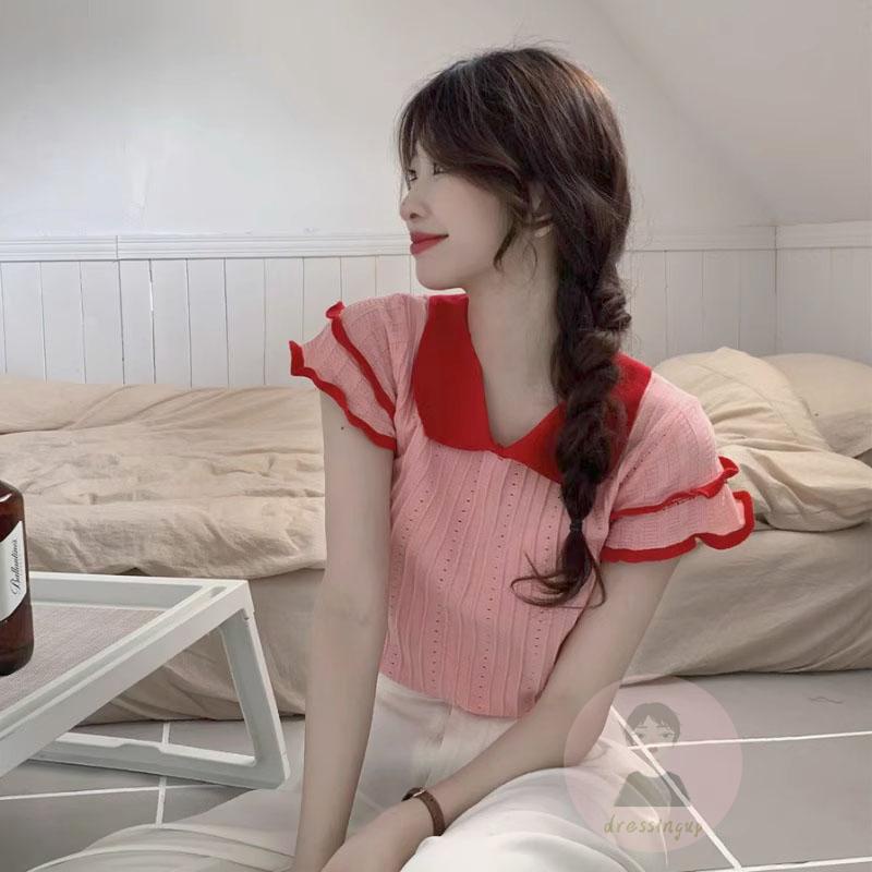 Áo Thun Dệt Kim Tay Ngắn Cổ Búp Bê Màu Sắc Tương Phản Thời Trang Cho Nữ