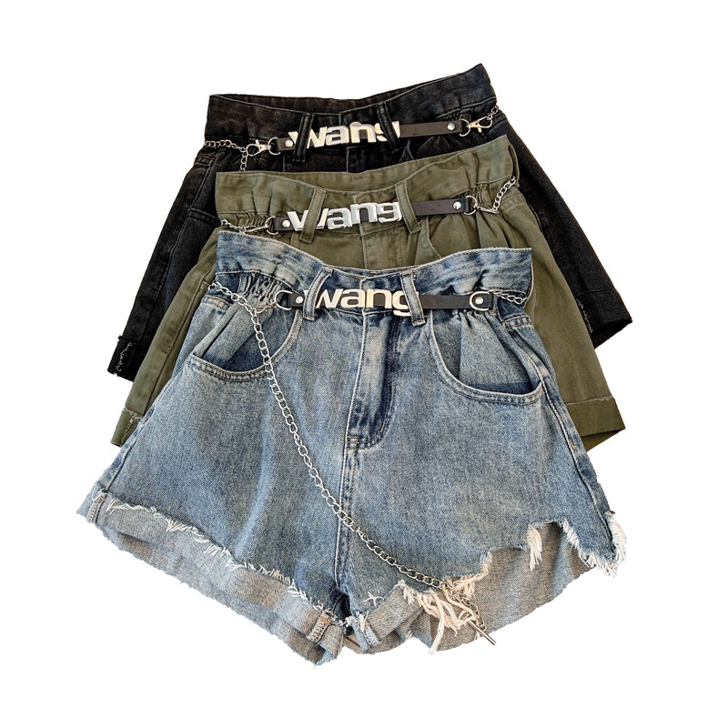 Quần Short Denim Lưng Cao Ống Rộng Phong Cách Retro Mỹ