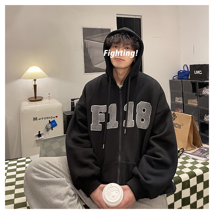 Áo khóa nỉ có mũ trùm đầu màu nâu của nam giới áo khoác oversize