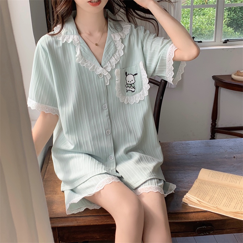 Bộ Đồ Ngủ Chất Liệu Cotton Phối Ren Thêu Họa Tiết Hoạt Hình Phong Cách Hàn Quốc Thời Trang Mùa Hè Cho Nữ