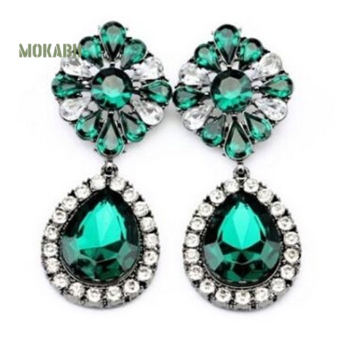 Bông Tai Đính Đá Hình Giọt Nước Họa Tiết Hoa Màu Xanh Lá Phong Cách Vintage Thời Trang