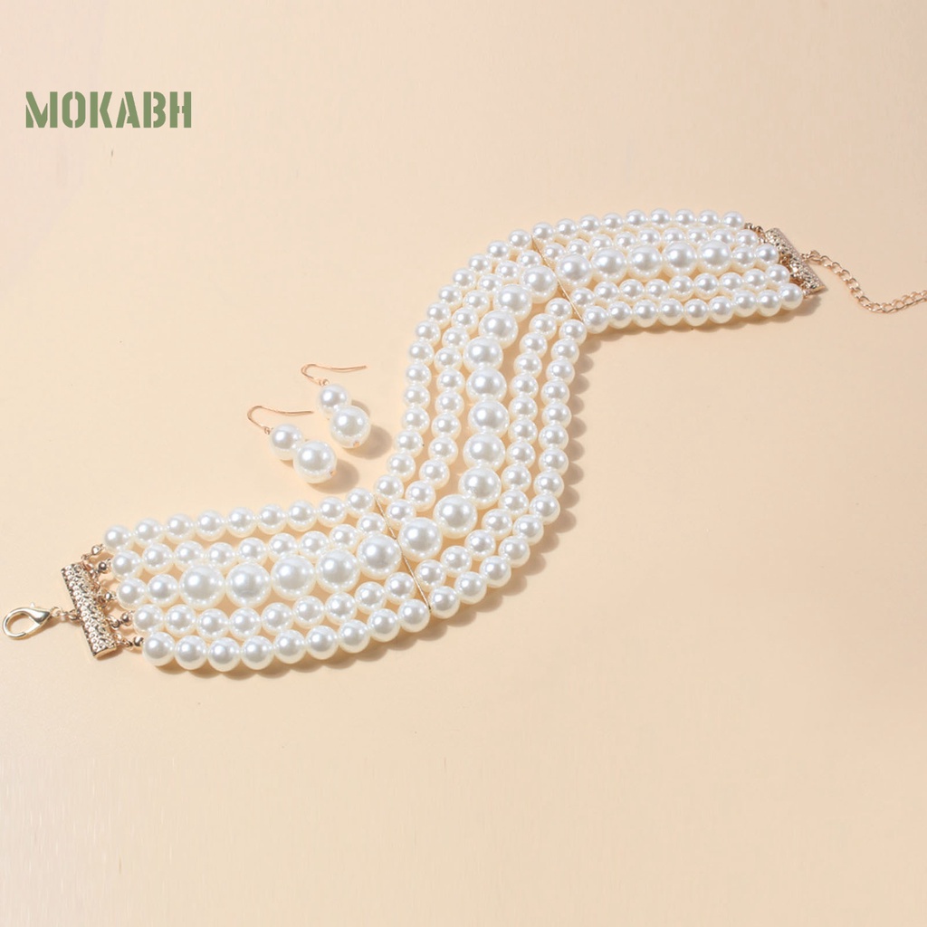 Bộ Vòng cổ + Bông Tai Nhiều Lớp Đính Hạt Ngọc Trai Giả Thời Trang Cho Nữ